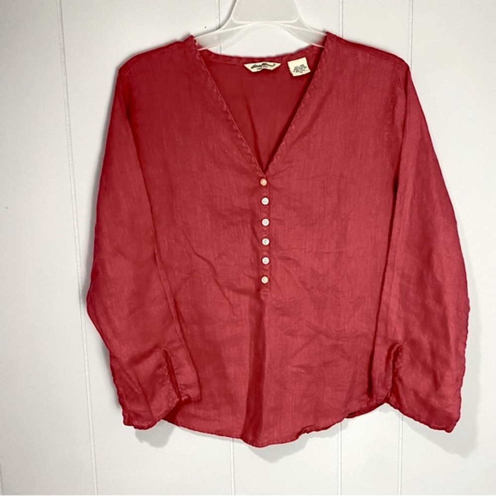 Eddie Bauer faded light red linen henley top blouse v-neck PETITE medium